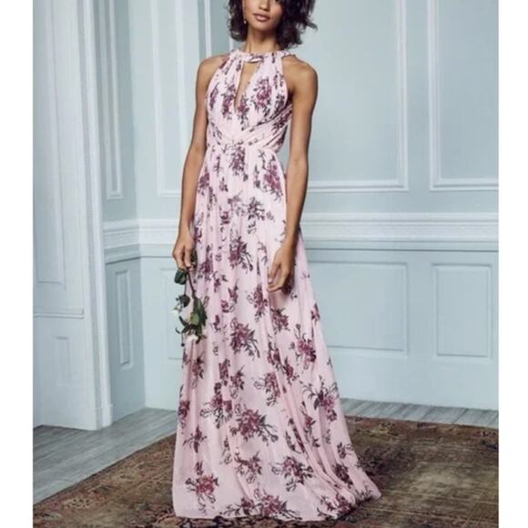 Marchesa Notte Blush Floral Halter Gown Open Back Maxi Dress - Picture 1 of 10